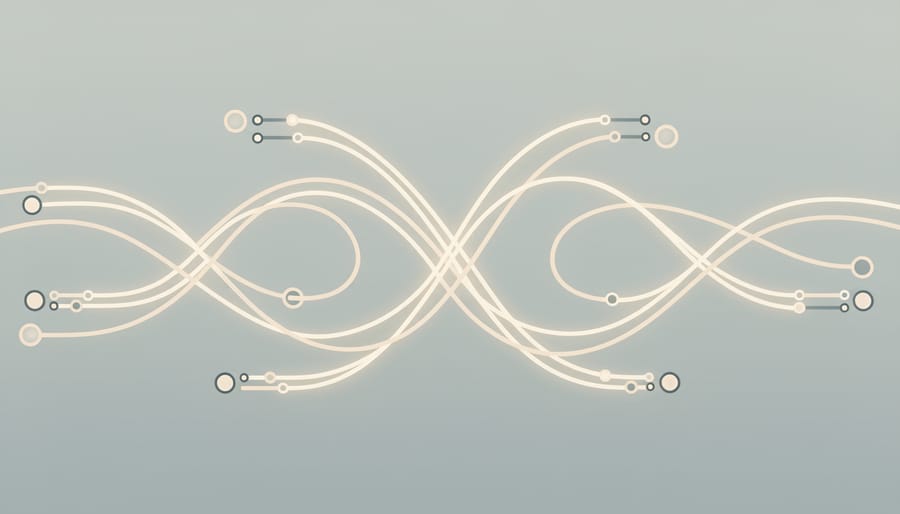 Intertwined streams of light in dark space symbolizing linked quantum states