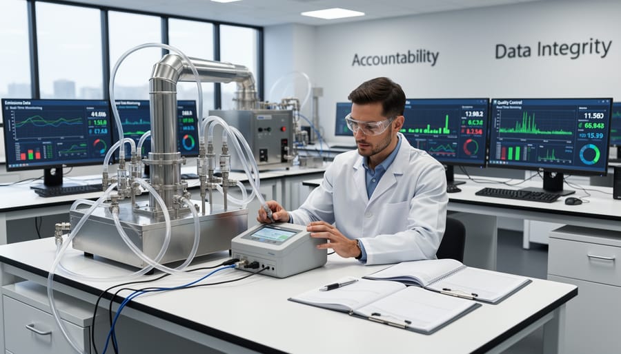 Gloved hand handling emissions sampling equipment in a climate research laboratory
