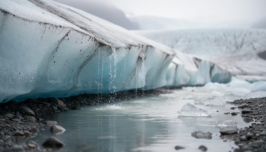 Meltwater streams flowing from a melting glacier edge with visible ice texture