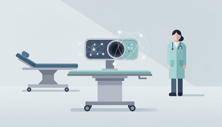 Close view of a medical imaging device housing on a clinical countertop with healthcare tools softly blurred in the background