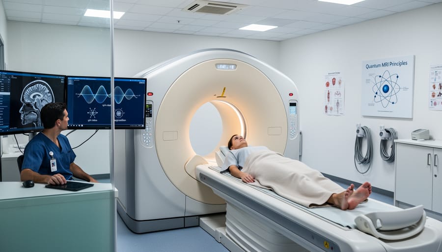Wide view of a hospital MRI scanner room with the large machine visible in the foreground.