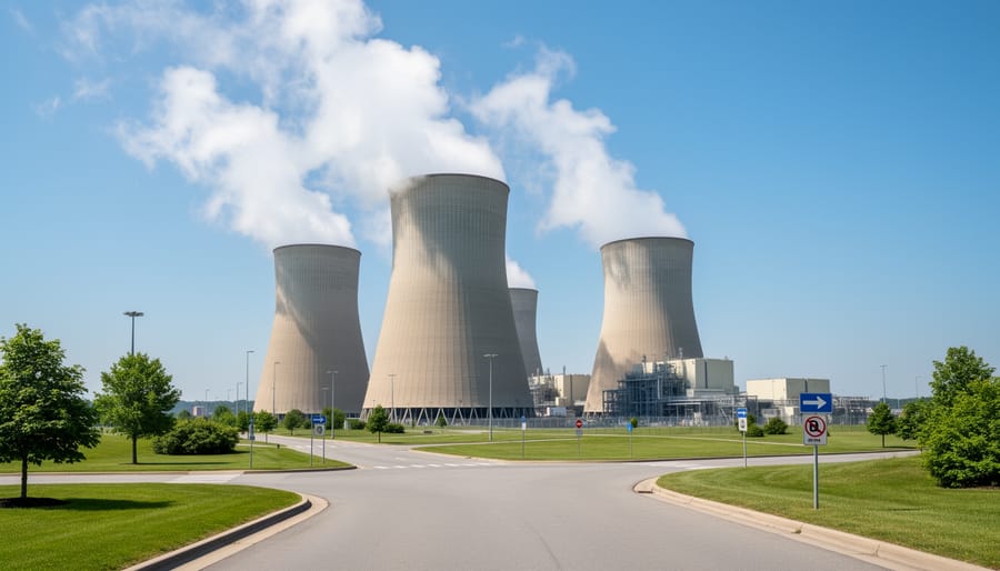 Nuclear power plant cooling towers releasing steam at golden hour