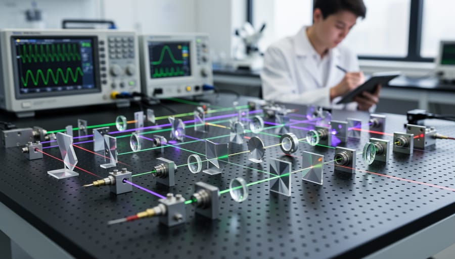 Close-up of optical and experimental components on a quantum hardware table