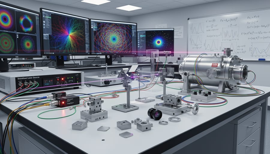 Optics table and laser beam in a dark physics laboratory with illuminated particles in the air
