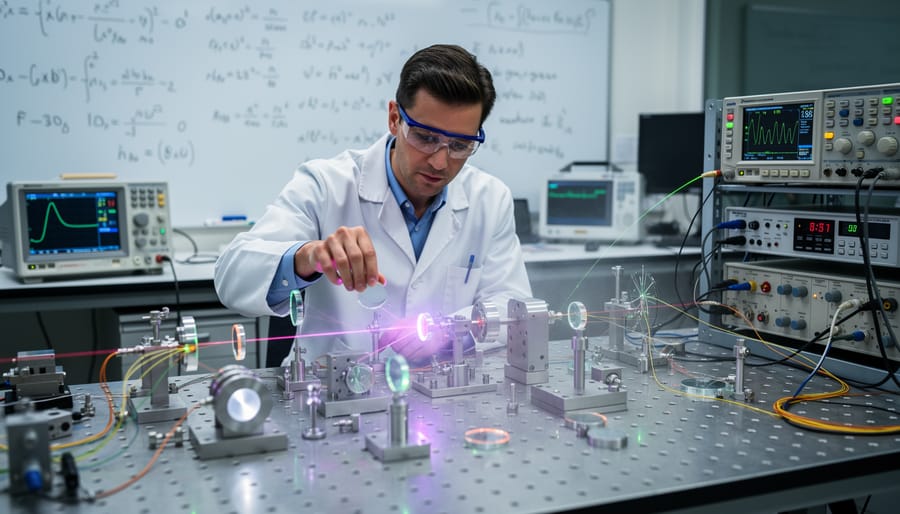 A researcher in safety goggles beside cryogenic quantum lab equipment with blue lighting in the background.