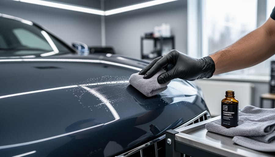 Auto detailer applying ceramic coating to a car panel with a microfiber applicator