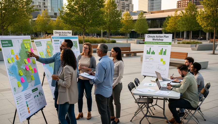 People gathered in an outdoor meeting with a facilitator, reviewing documents and discussing climate action