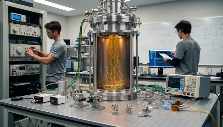 Researchers in a quantum laboratory next to cryogenic hardware and superconducting equipment