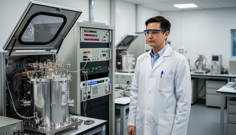 Technician in a quantum lab standing next to cryogenic equipment with cool blue lighting