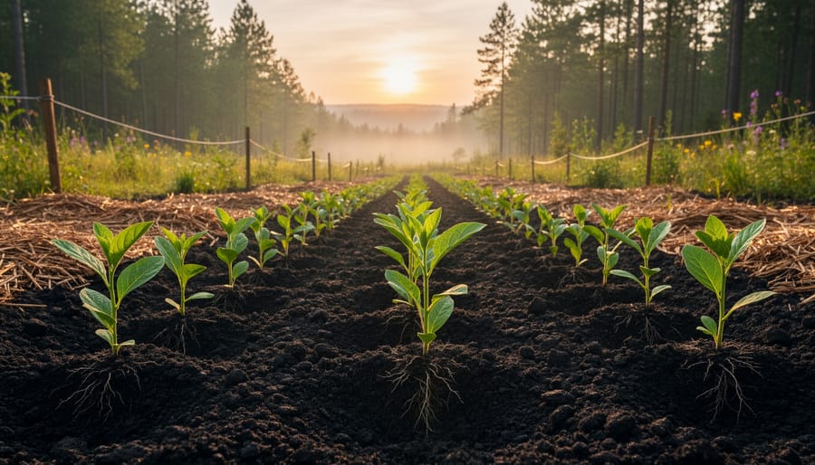 Young tree seedlings growing in dark soil in a reforestation area
