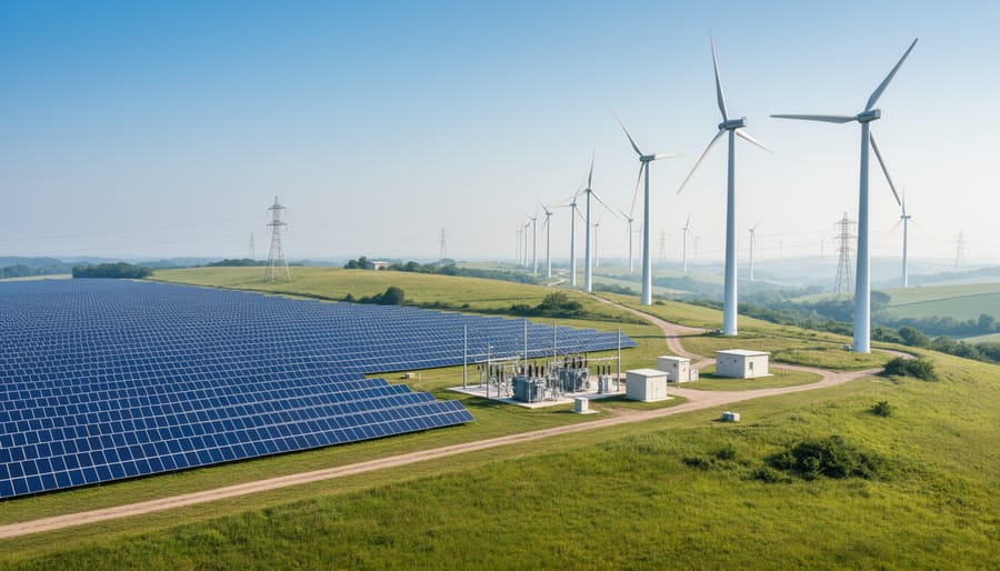 Wide view of a solar farm with wind turbines in the distance under an overcast sky