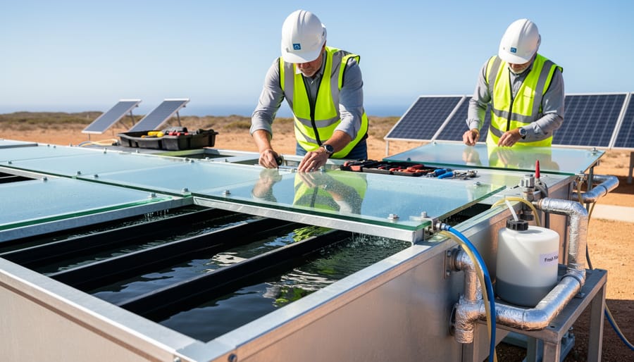 Gloved hands connecting clear tubing and sealing a small condensation surface with water droplets