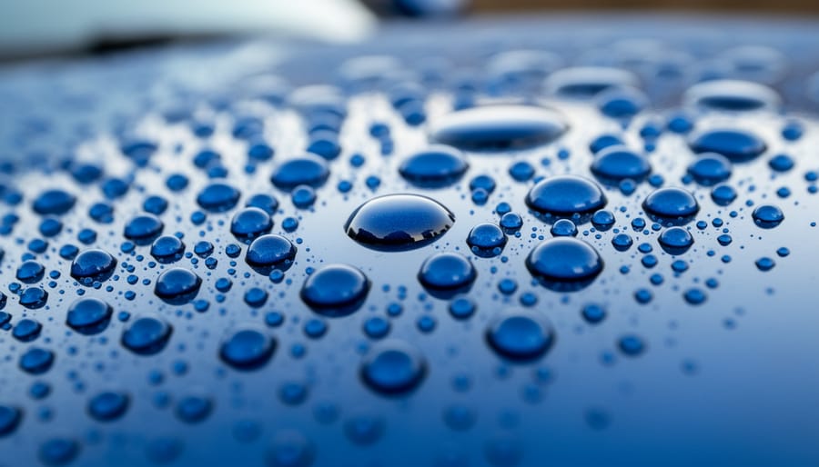 Close view of a vehicle hood showing water beads on glossy paint