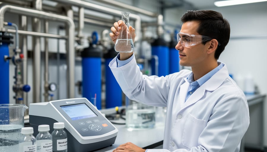 Researcher performing a water quality check on a sample beside a solar desalination system