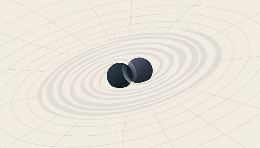 Cinematic space scene suggesting two black holes merging through swirling gravitational lensing effects.