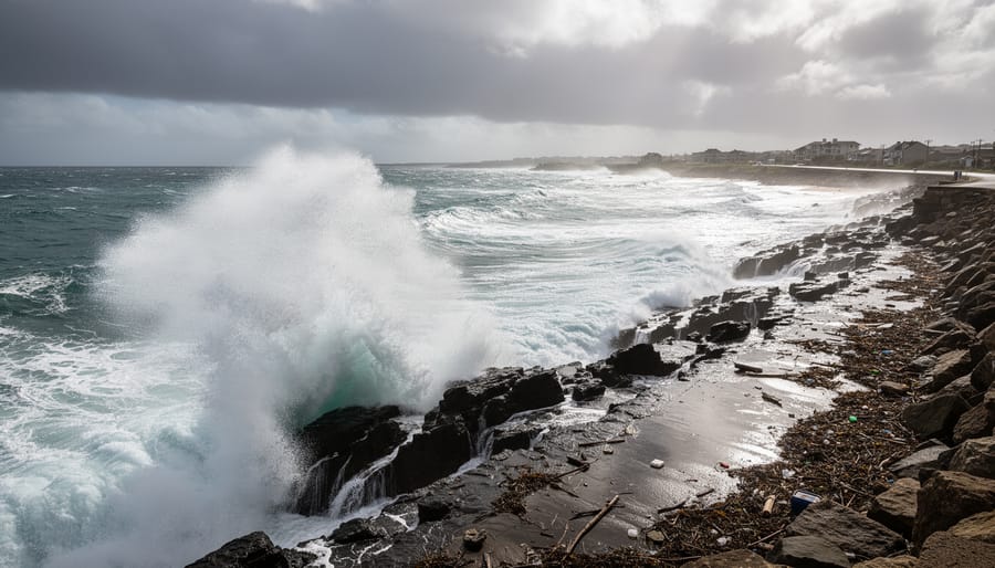 Low-angle view of rough waves hitting a concrete seawall at sunrise