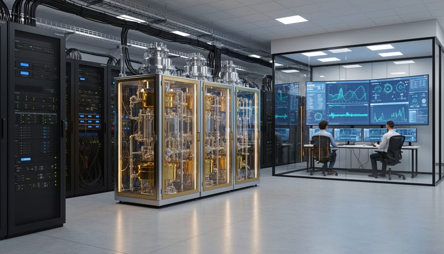 High-tech data center corridor with server racks and cooling systems