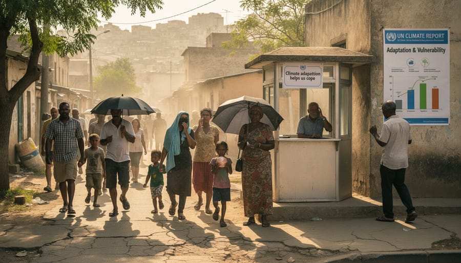 People standing outdoors in heat haze representing communities affected by climate disruptions