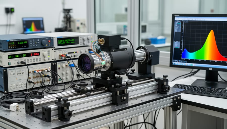Compact atmospheric sensor module mounted on an aerospace stand with optical components visible