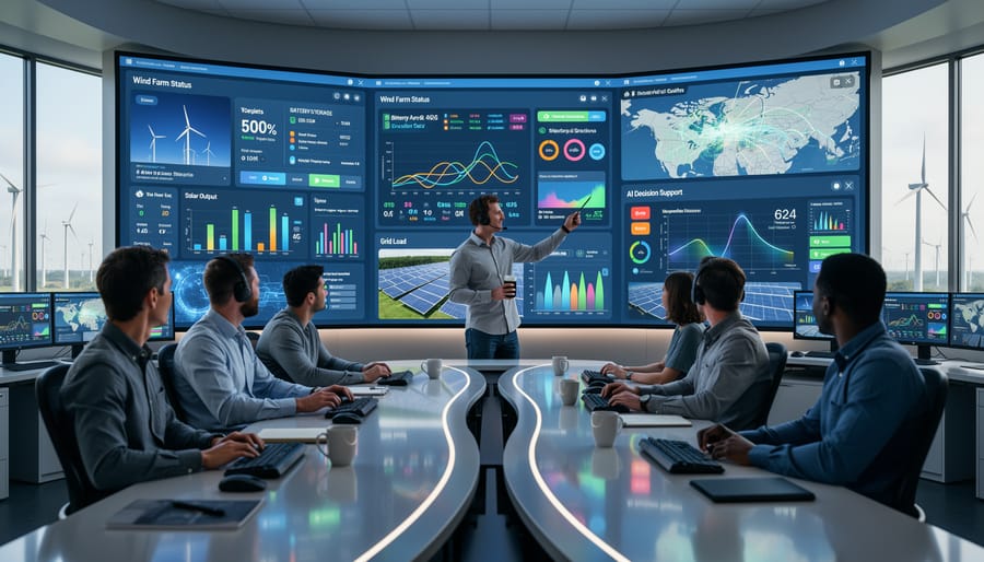 Engineers in a control room watching dark screens while coordinating renewable grid operations.