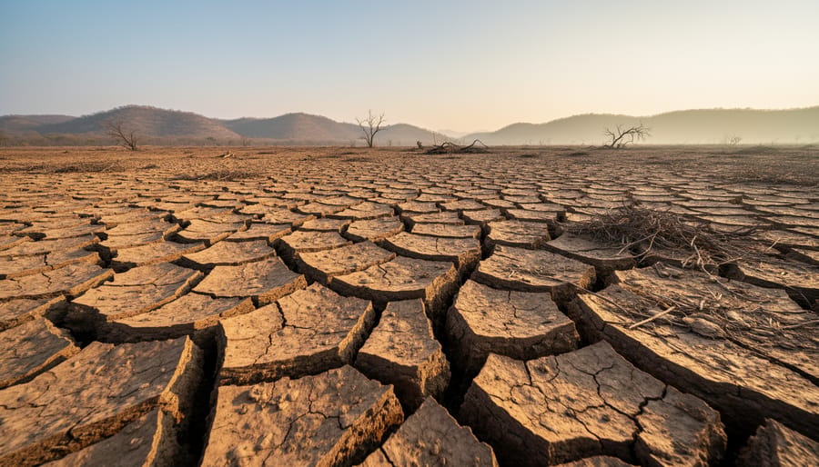 Cracked dry riverbed with dead reeds and a faint distant water channel