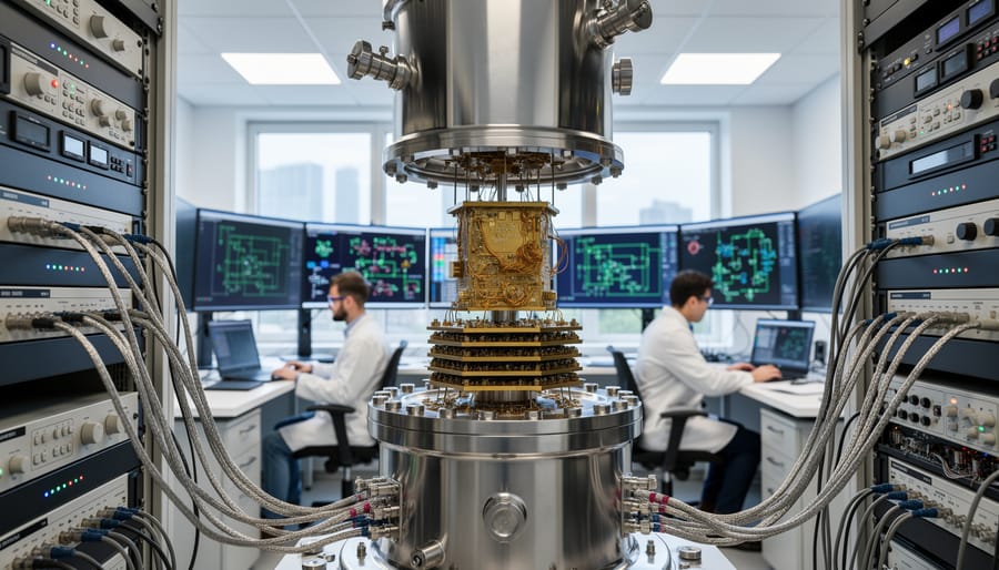 Cryogenic quantum computer hardware inside a research laboratory with reflective metallic equipment