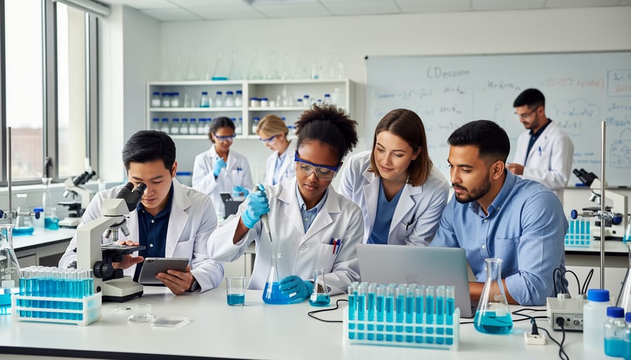 Diverse university researchers collaborate at a laboratory bench with microscopes and scientific equipment