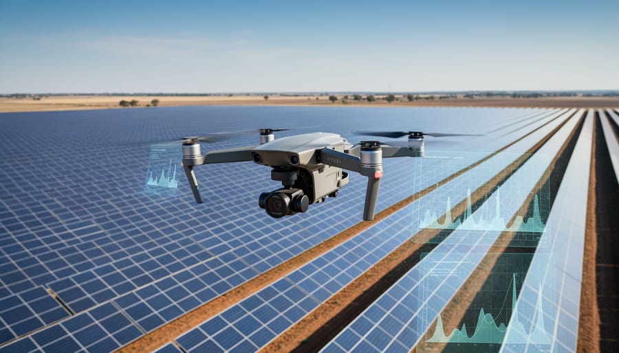 Drone hovering above a solar farm with reflective panels and equipment in the distance.