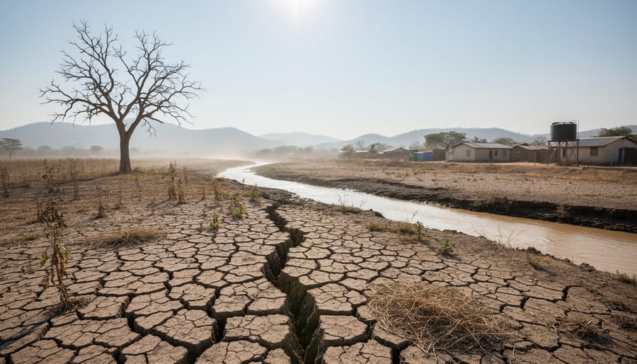 Dry cracked riverbed with a lone struggling tree and small trickle of water in a drought-affected landscape.