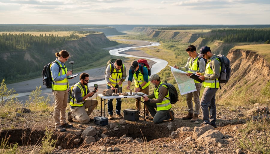 Diverse researchers conducting earth science fieldwork beside visible soil layers in an outdoor landscape