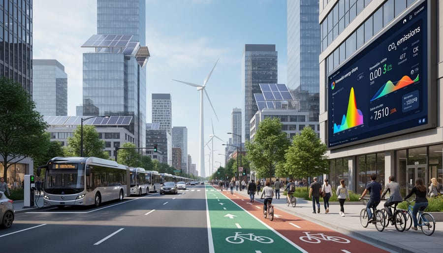 Electric bus and rooftop solar panels in a modern city street scene during golden hour