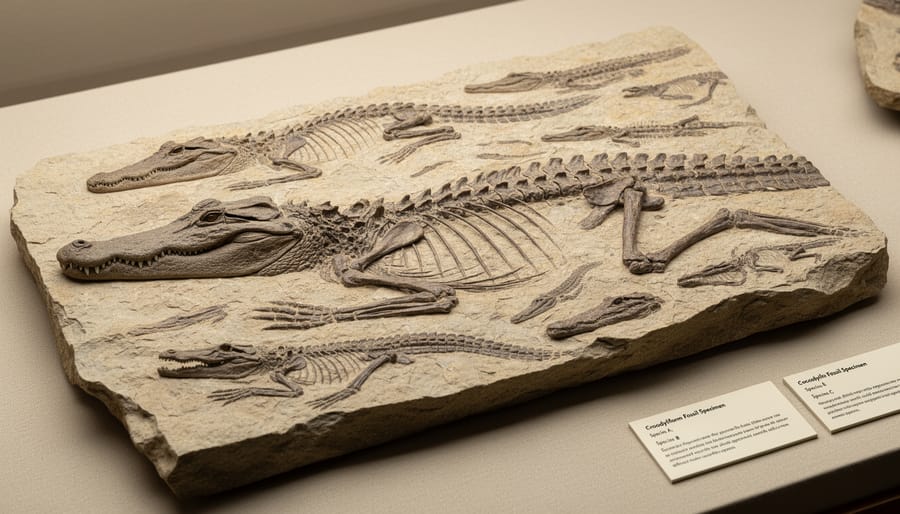 Close-up of a fossil-bearing rock slab with visible bone texture in surrounding sediment