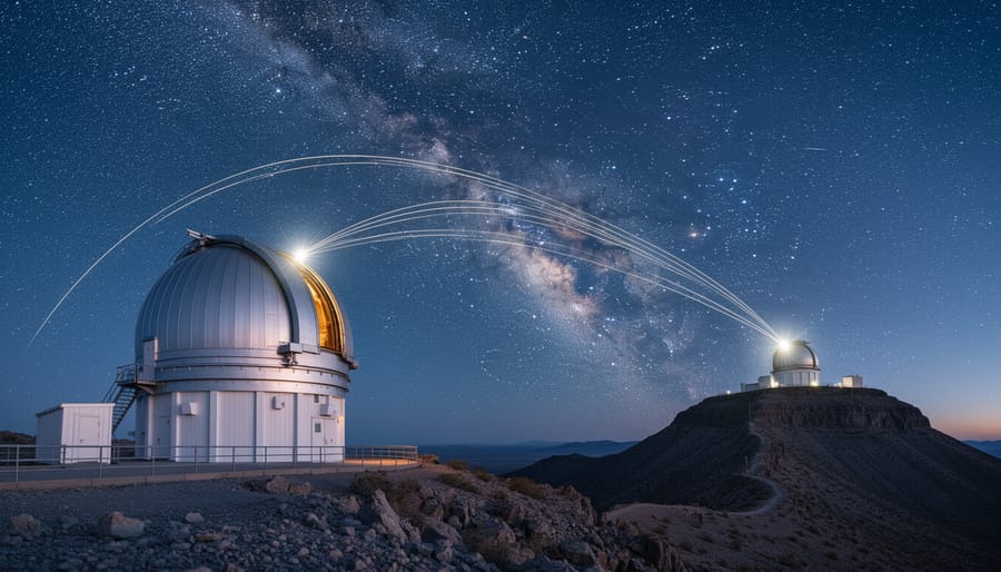 Nighttime landscape with observatory structures under a starry sky representing a global gravitational-wave detector network.