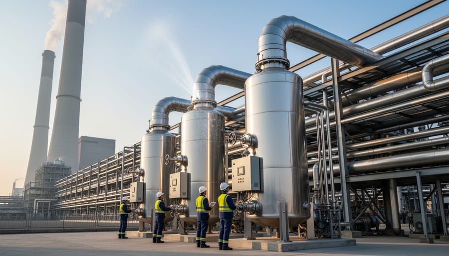 Wide view of an industrial facility with stainless-steel piping and emission stacks under an overcast sky