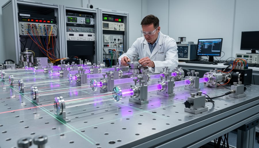 Inside view of a gravitational-wave interferometer vacuum chamber with precision optics and mirrors.