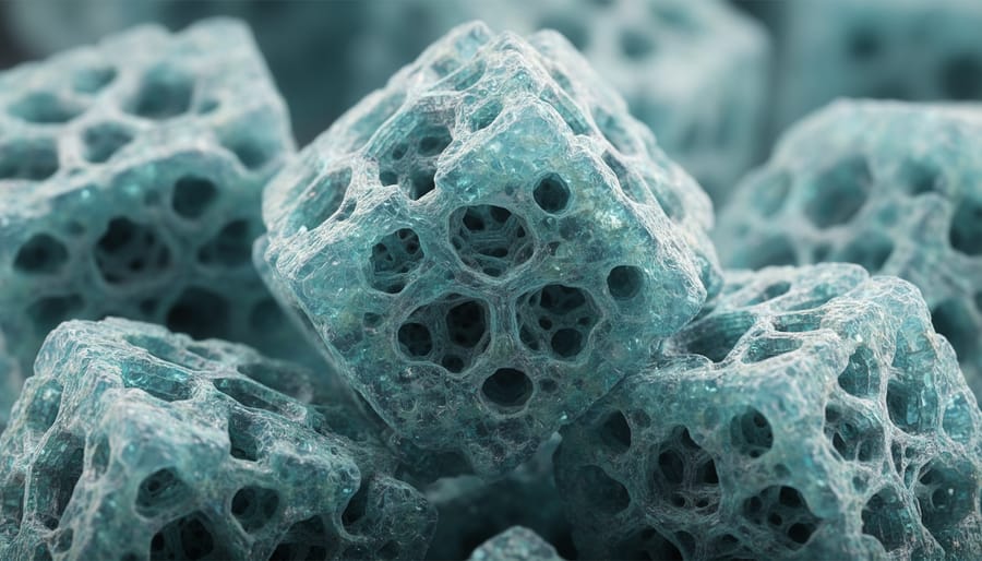 Macro close-up of crystalline zeolite mineral showing fine porous texture