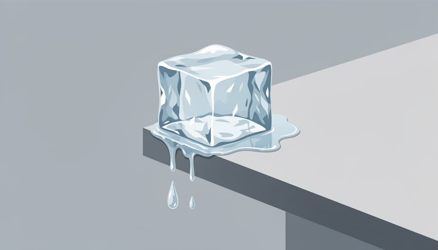 Close-up of melting ice surface with water films and trapped air bubbles