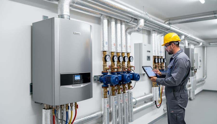 Modern home boiler installed in a clean utility room with connected piping