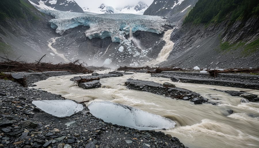 Turbulent muddy debris flow surging through a rocky riverbed in a mountain valley