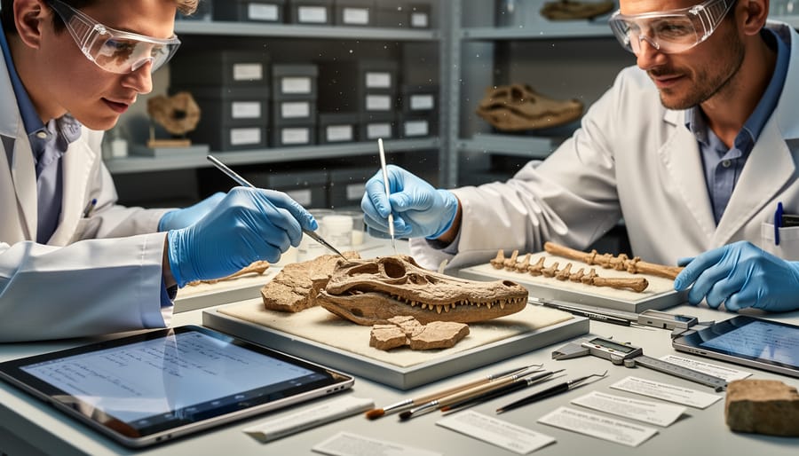 Paleontologist examining a crocodylomorph fossil fragment on foam supports under soft lab lighting