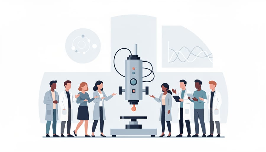 Physics laboratory instrument with blurred silhouettes of diverse students working in the background