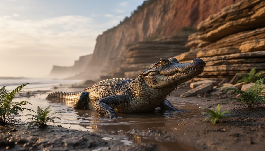 A Triassic crocodylomorph-inspired reptile half-emerging from coastal mud near Gloucester rocks in warm golden hour light, with misty shoreline and misty sea in the background.
