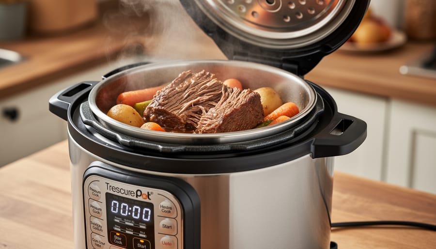 Bowl of tender shredded beef and vegetables made in a pressure cooker, with moist textures visible