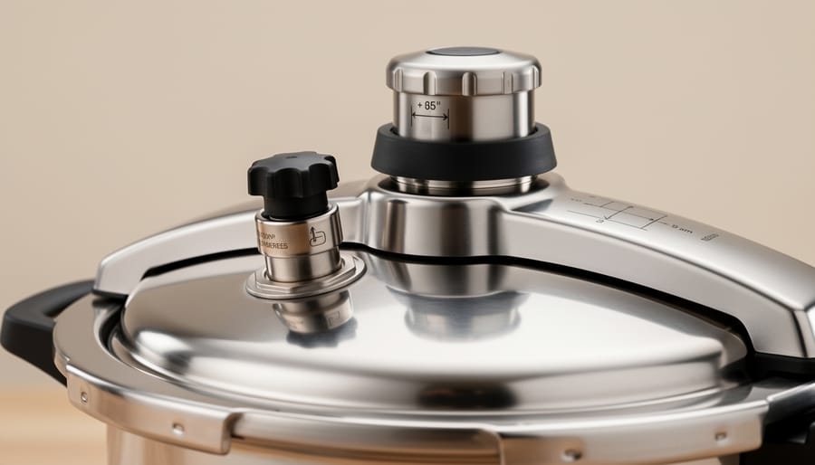Close-up of a pressure cooker safety valve and lid components on a kitchen counter