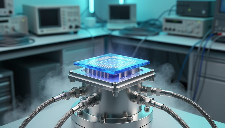 Blue-lit quantum processor chip mounted on cryogenic cooling hardware in a laboratory setting, with faint haze and blurred equipment in the background.