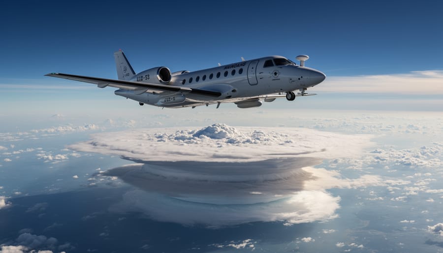 Research aircraft flying above layered clouds during golden hour light