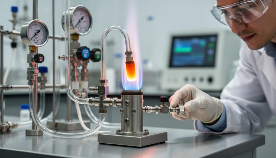 Lab researcher observing a controlled flame experiment with safety equipment