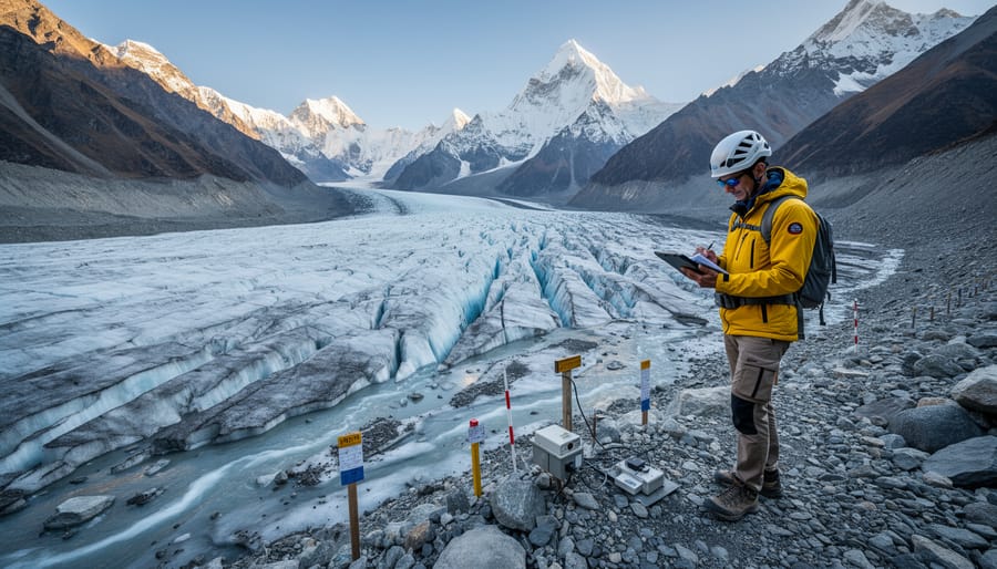 Nepali researcher observing glacier ice with binoculars on a rocky moraine near exposed ice