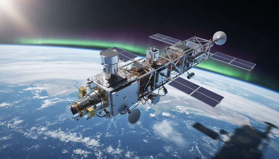 A satellite instrument model in a clean aerospace laboratory under soft studio lighting