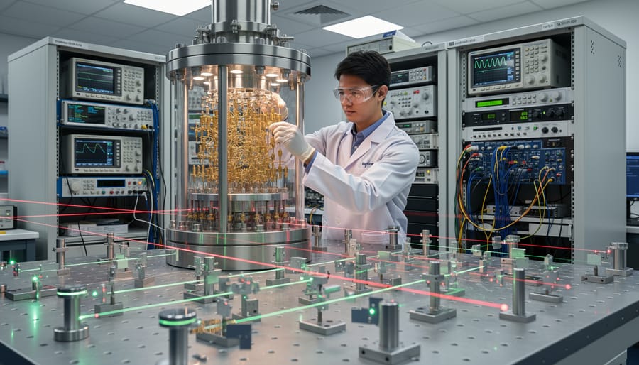 Scientist adjusting fiber-optic connections for a quantum lab instrument in a controlled research environment